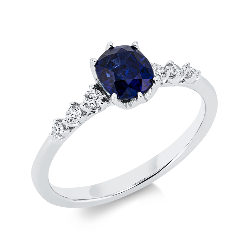 Image 90001481 - Ring 18 kt WG, 6 Brillanten 0,14 ct, TW-si, 1 Saphir 1,09 ct blau, ...