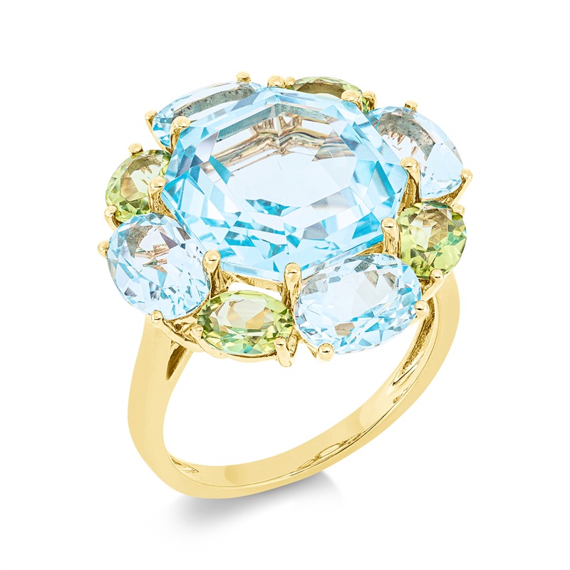 Image 90001533 - Ring 18 kt GG, 4 Topase 3,80 ct sky blue, 1 Topas 9,80 ct sky blue, 4 Peridot 1,60 ct ...