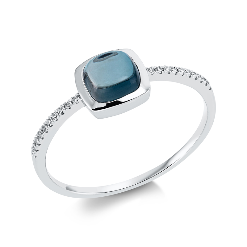 Image 90001554 - Ring 18 kt WG cushion, 20 Diamanten 0,05 ct, TW-si, 1 Topas 1,08 ct Lond. blue, H:7,1 mm, ...