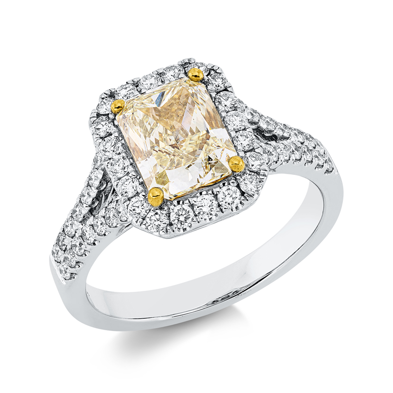 Image 90001586 - Ring 18 kt WG GG, IGI 654441094, 1 Cushion 2,00 ct, gelb-si1, 48 Brillanten 0,54 ct, ...