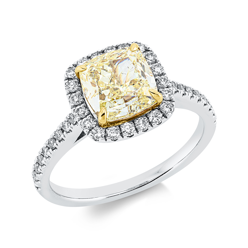 Image 90001598 - Ring 4er-Krappe 950 Pt GP, GIA 5406698330, 1 Cushion 2,50 ct, gelb-vvs, 38 Brillanten ...