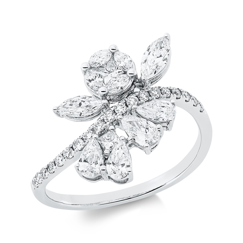 Image 90001611 - Ring 18 kt WG, 2 Princ. 0,11 ct, TW-si, 4 Tropfen 0,39 ct, TW-si, 6 Navette 0,35 ct, ...