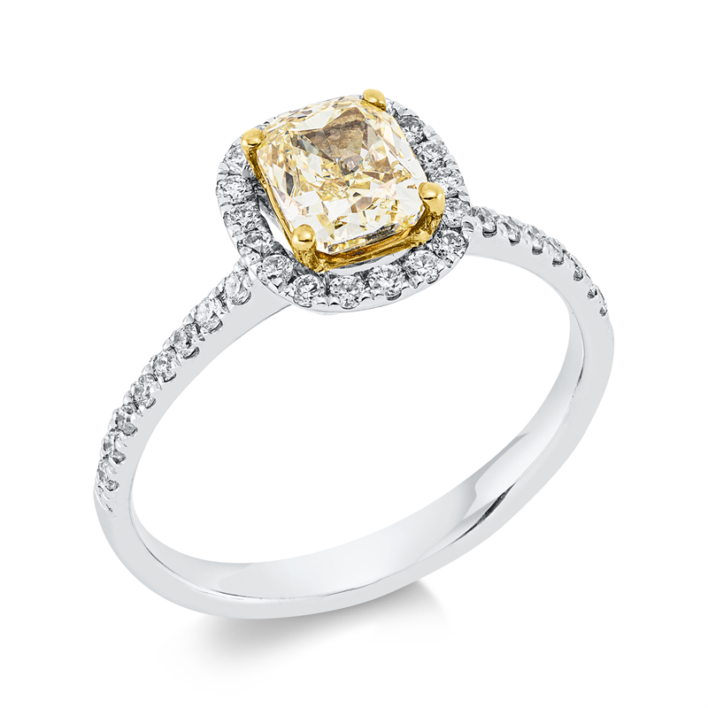 Image 90001616 - Ring 4er-Krappe 18 kt WG GG, GIA 1158026509, 1 Cushion 1,01 ct, gelb-si1, 34 Brillanten ...