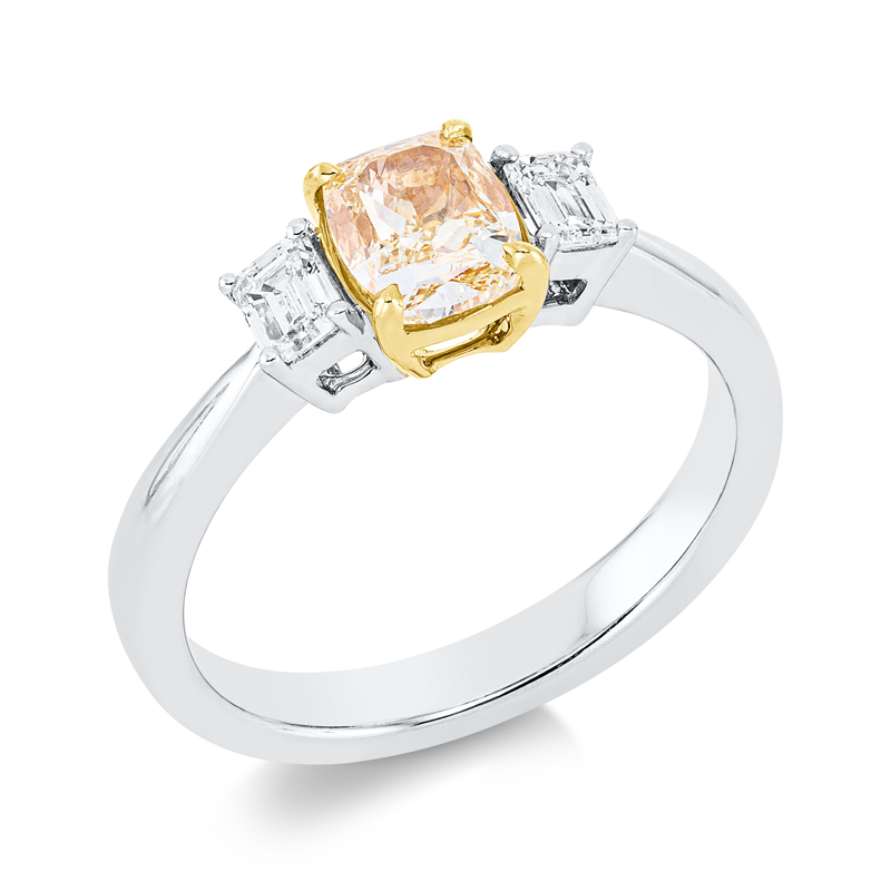 Image 90001660 - Ring 950 Pt GP, GIA2466769766, 2 Sm.schliff 0,32 ct, TW-vsi, 1 Cushion 1,04 ct, gelb, ...