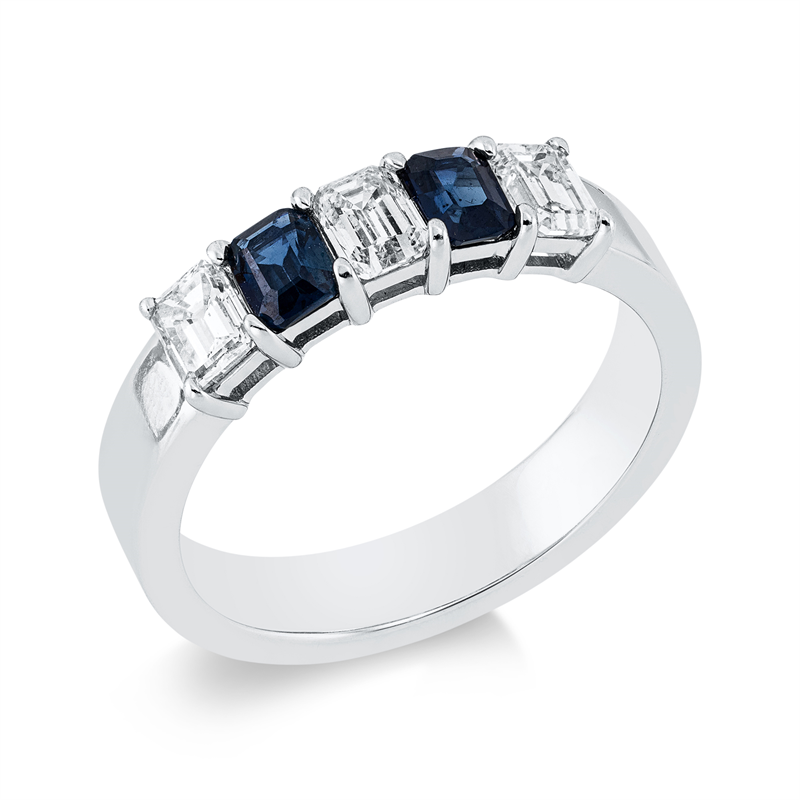 Image 90001669 - Ring 18 kt WG, 3 Sm.schliff 0,73 ct, TW-si, 2 Saphire 0,52 ct blau, ...