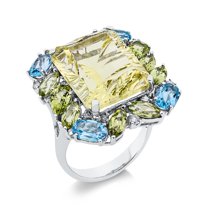 Image 90001680 - Ring 18 kt WG, 12 Brillanten 0,25 ct, I-pi, 4 Topase 2,07 ct blau, 1 Quarz 12,33 ct ...