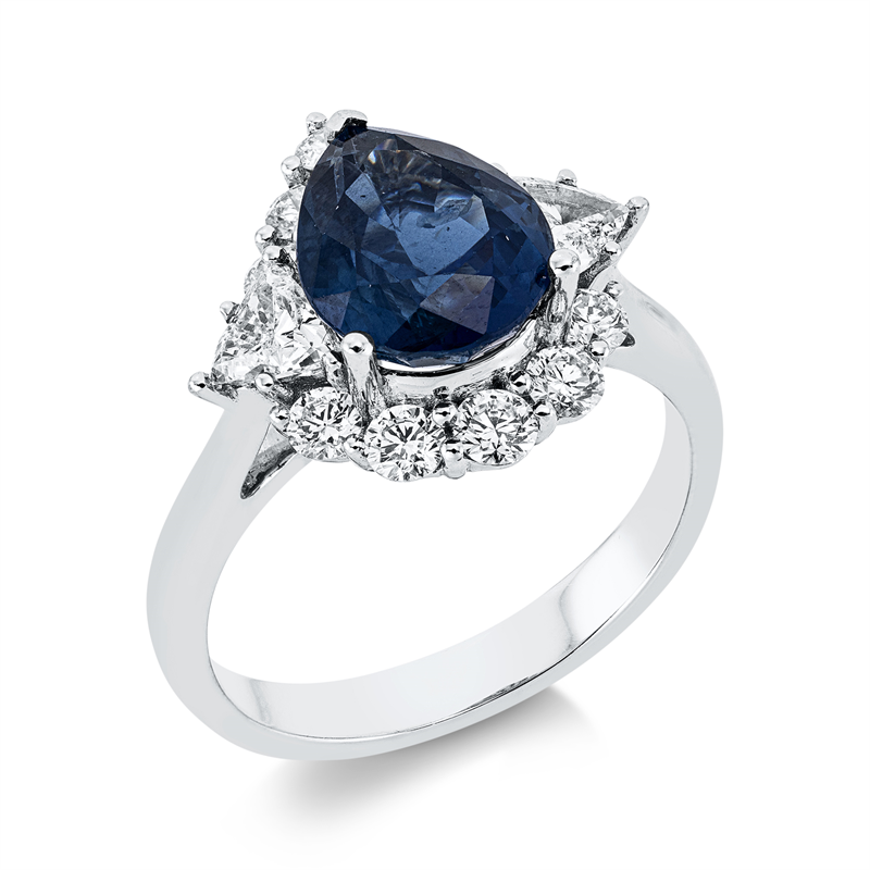 Image 90001681 - Ring 18 kt WG, 2 Triangel 0,41 ct, TW-si, 10 Brillanten 0,54 ct, F-vsi, 1 Saphir 3,05 ct ...