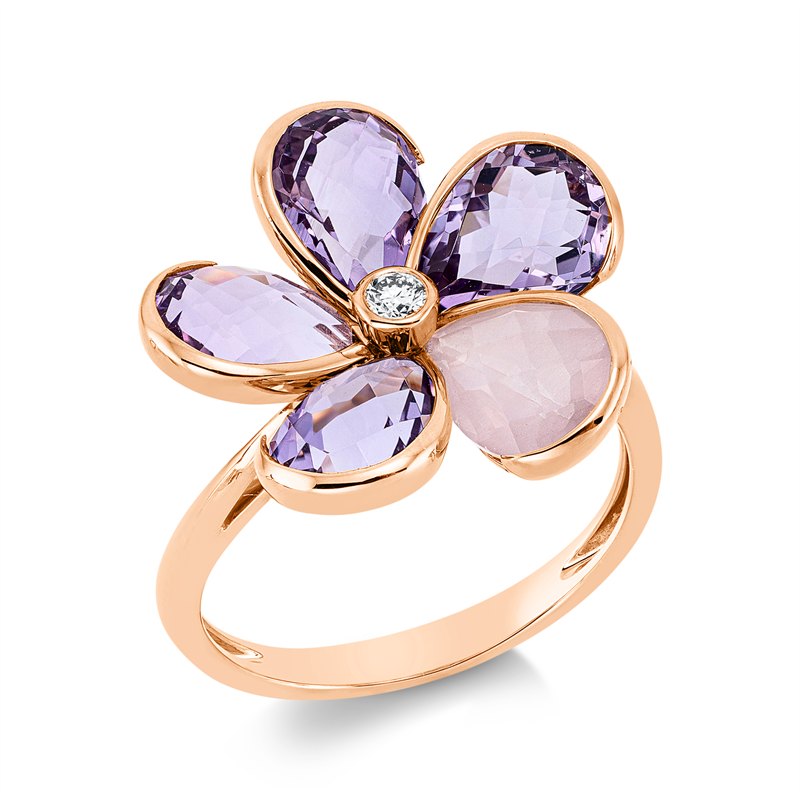 Image 90001686 - Ring 18 kt RG, 1 Brill. 0,06 ct, TW-si, 4 Amethyste 4,30 ct lila, 1 Quarz 1,10 ct rosa, ...