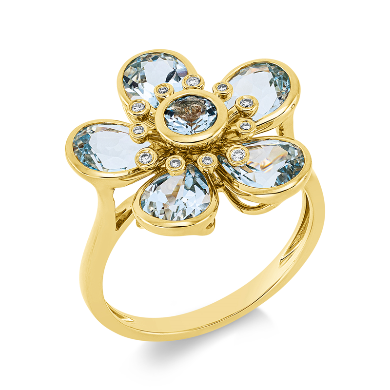 Image 90001687 - Ring 18 kt GG Blume, 11 Brillanten 0,05 ct, TW-si, 5 Topase 4,20 ct sky blue, 1 Topas ...