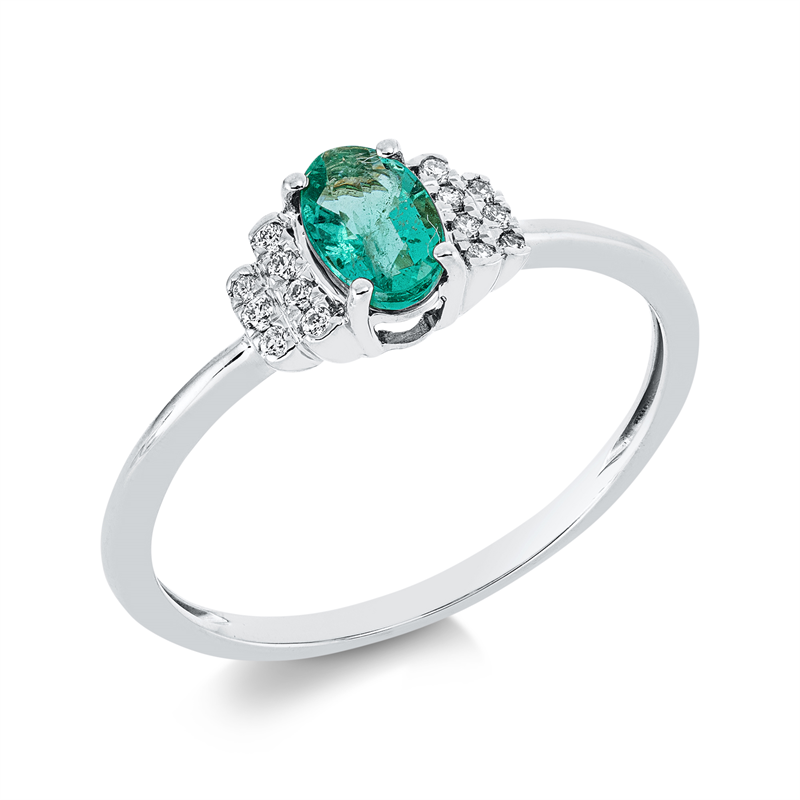 Image 90001714 - Ring 18 kt WG, 14 Brillanten 0,06 ct, TW-si, 1 Smaragd 0,62 ct grün, ...