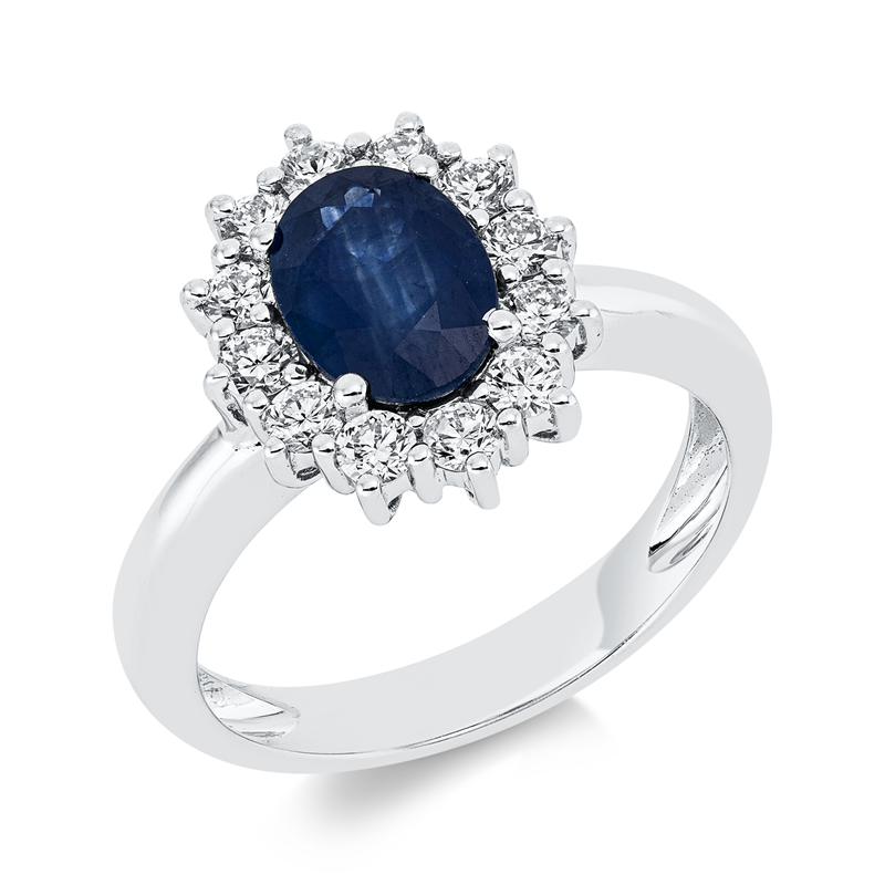 Image 90001715 - Ring 18 kt WG, 12 Brillanten 0,55 ct, TW-si, 1 Saphir 1,50 ct blau, H:10,8 mm, B:13,8 mm, ...