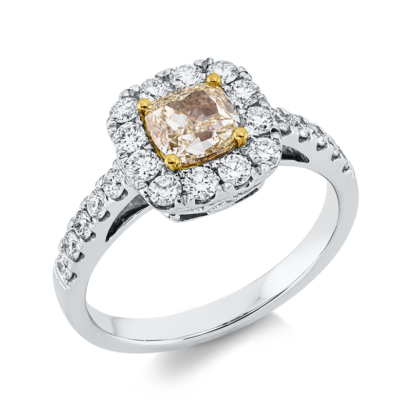 Image 90001775 - Ring 18 kt WG GG, GIA 1528210652, 1 Cushion 1,01 ct, gelb-vvs2, 22 Brillanten 0,65 ct, ...