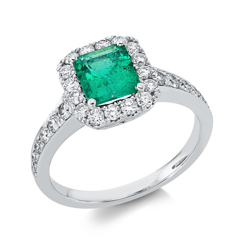 Image 90001776 - Ring 18 kt WG, 28 Brillanten 0,68 ct, TW-si, 1 Smaragd 0,94 ct grün, H:9,5 mm, B:10,3 ...