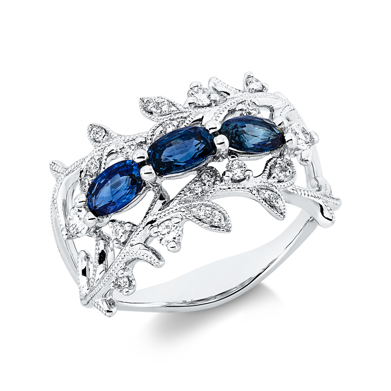 Image 90001779 - Ring 18 kt WG, 24 Brillanten 0,31 ct, TW-si, 3 Saphire 0,91 ct blau, B:12,4 mm, ...