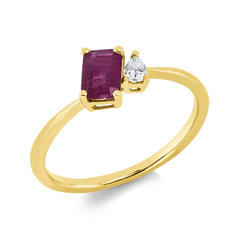 Image 90001900 - Ring 4er-Krappe 18 kt GG, 1 Tropfen 0,08 ct, TW-si, 1 Rubin 0,67 ct rot, ...