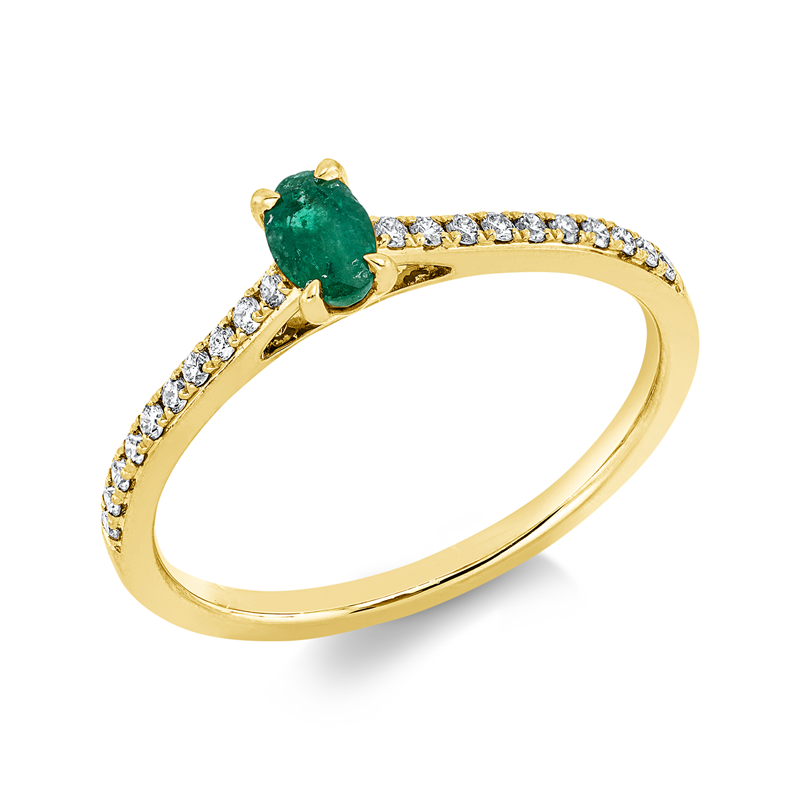 Image 90001906 - Ring 18 kt GG, 20 Brillanten 0,14 ct, TW-si, 1 Smaragd 0,23 ct grün, ...