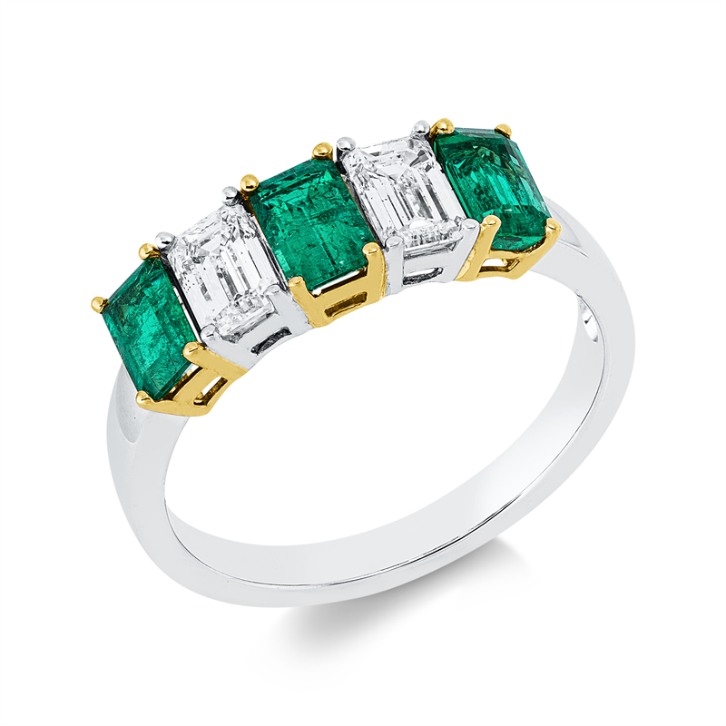 Image 90002002 - Ring 18 kt WG GG, 2 Sm.schliff 0,77 ct, TW-si, 3 Smaragde 1,08 ct grün, B:5,2 mm, ...