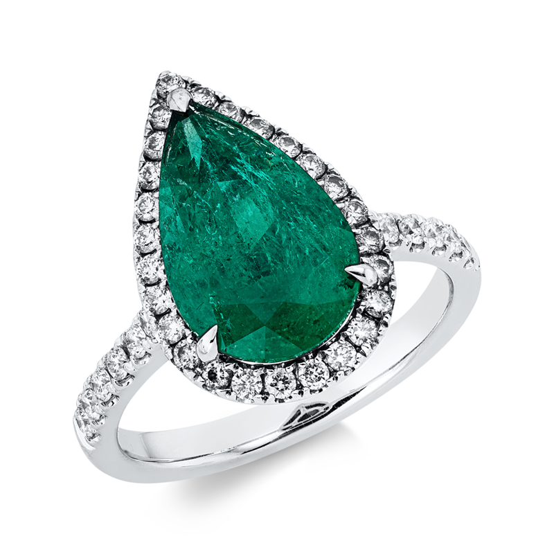 Image 90002014 - Ring 18 kt WG Tropfen, 38 Brillanten 0,41 ct, F-vvs/vs, 1 Smaragd 3,09 ct grün, ...