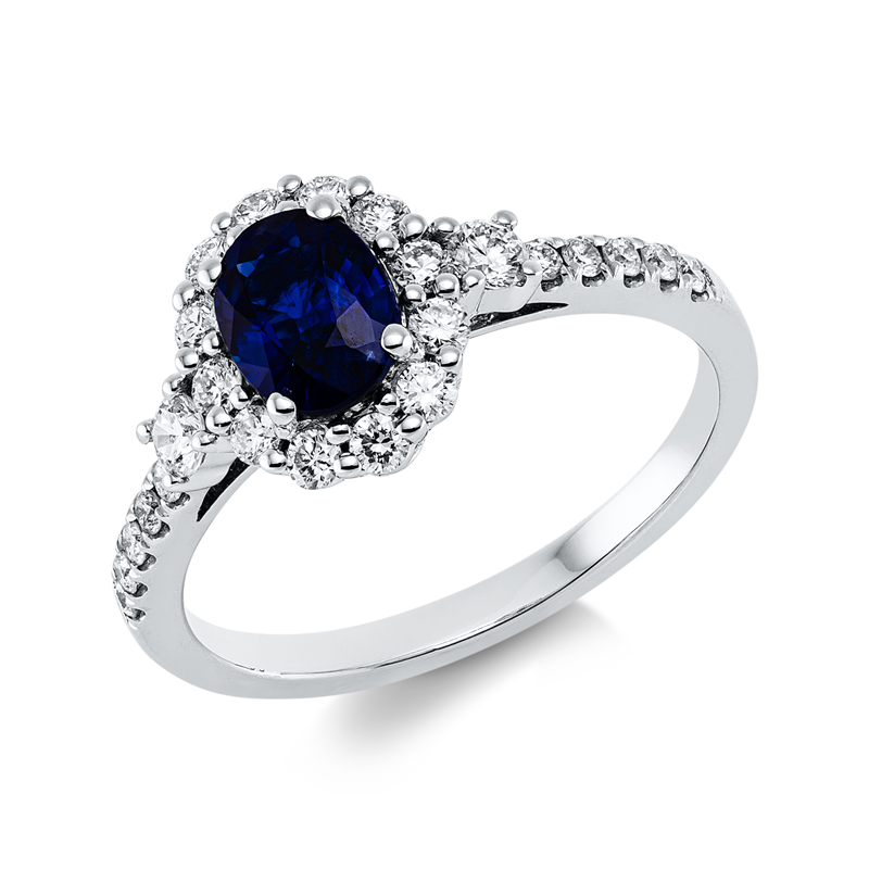 Image 90002015 - Ring 18 kt WG, 2 Brillanten 0,11 ct, TW-si, 22 Brillanten 0,35 ct, TW-si, 1 Saphir 0,99 ...