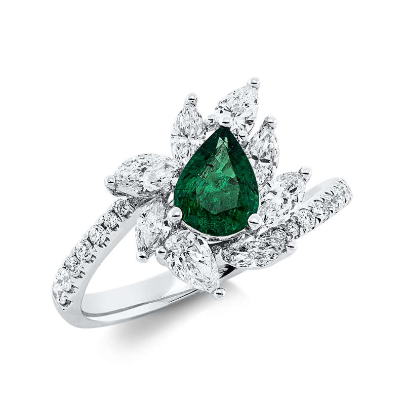 Image 90002016 - Ring 18 kt WG, 6 Navette 0,49 ct, F-vsi, 2 Tropfen 0,23 ct, F-vsi, 16 Brillanten 0,16 ct, ...