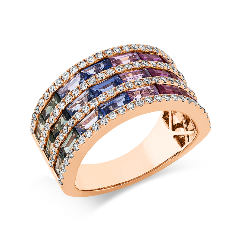Image 90002026 - Ring 18 kt RG, 104 Brillanten 0,61 ct, TW-si, 24 Saphire 3,40 ct fancy, ...