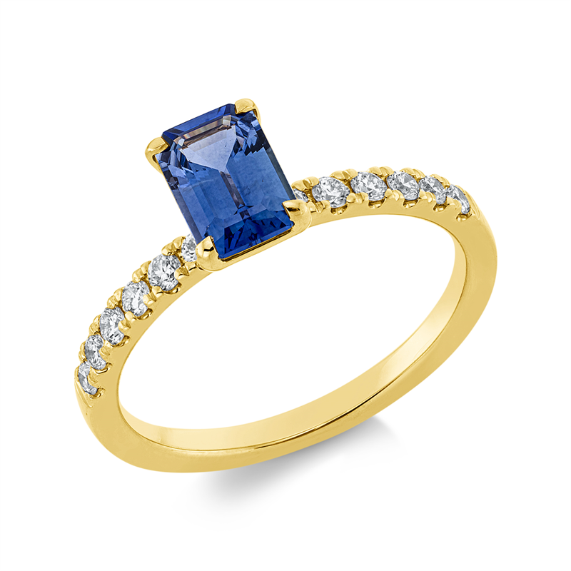 Image 90002146 - Ring 4er-Krappe 18 kt GG, 12 Brillanten 0,25 ct, TW-si, 1 Saphir 1,10 ct blau, H:7,1 mm, ...