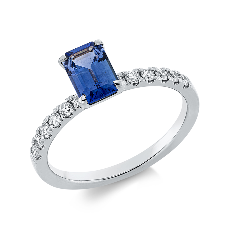 Image 90002147 - Ring 4er-Krappe 18 kt WG, 12 Brillanten 0,25 ct, TW-si, 1 Saphir 1,01 ct blau, ...