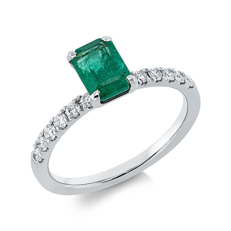 Image 90002151 - Ring 4er-Krappe 18 kt WG, 12 Brillanten 0,25 ct, TW-si, 1 Smaragd 0,88 ct grün, ...