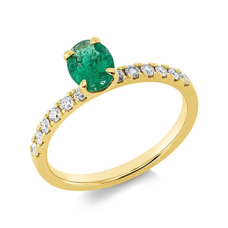 Image 90002155 - Ring 4er-Krappe 18 kt GG, 12 Brillanten 0,25 ct, TW-si, 1 Smaragd 0,68 ct grün, H:5,0 ...