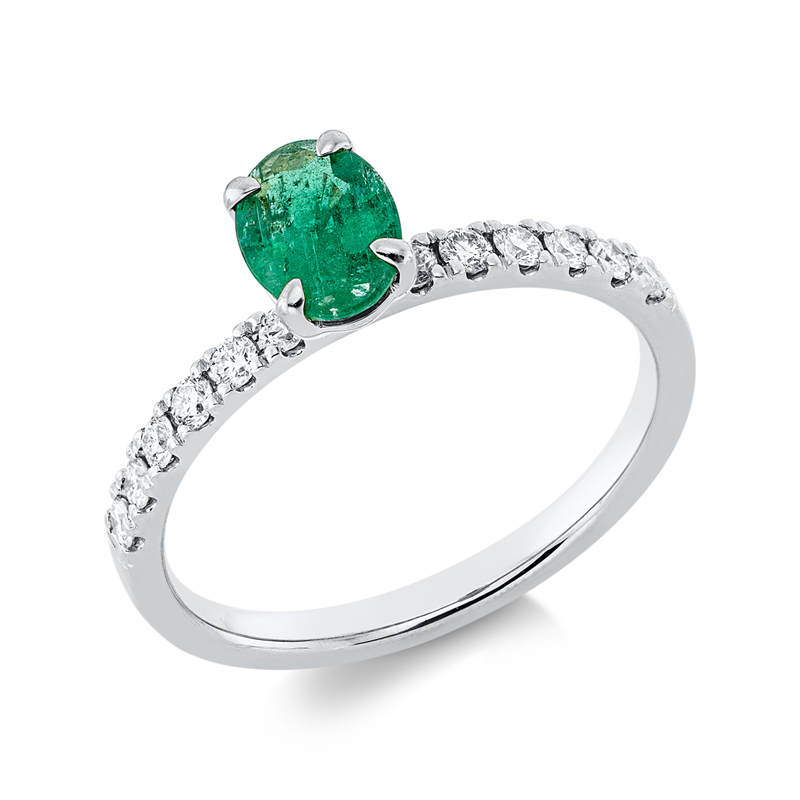 Image 90002157 - Ring 4er-Krappe 18 kt WG, 12 Brillanten 0,26 ct, TW-si, 1 Smaragd 0,63 ct grün, ...