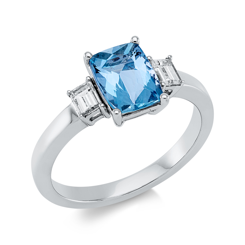 Image 90002299 - Ring 18 kt WG, 2 Baguette 0,32 ct, TW-vsi, 1 Aquamarin 1,26 ct blau, ...