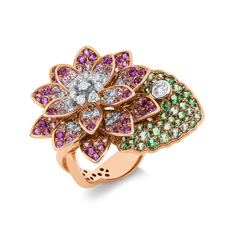 Image Ring 18 kt RG WG Blume/Blumen, 29 Brillanten 0,44 ct, TW-vsi, 75 Saphire 1,43 ct pink, 10 ...