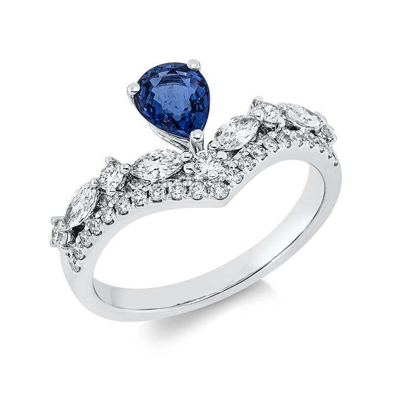 Image Ring 18 kt WG, 4 Navette 0,23 ct, TW-si, 26 Brillanten 0,28 ct, TW-si, 1 Saphir 0,64 ct ...