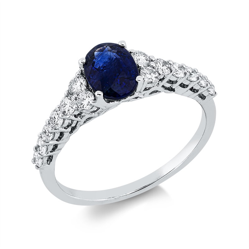 Image Ring 18 kt WG, 14 Brillanten 0,49 ct, TW-si, 1 Saphir 1,02 ct blau, Weite:53