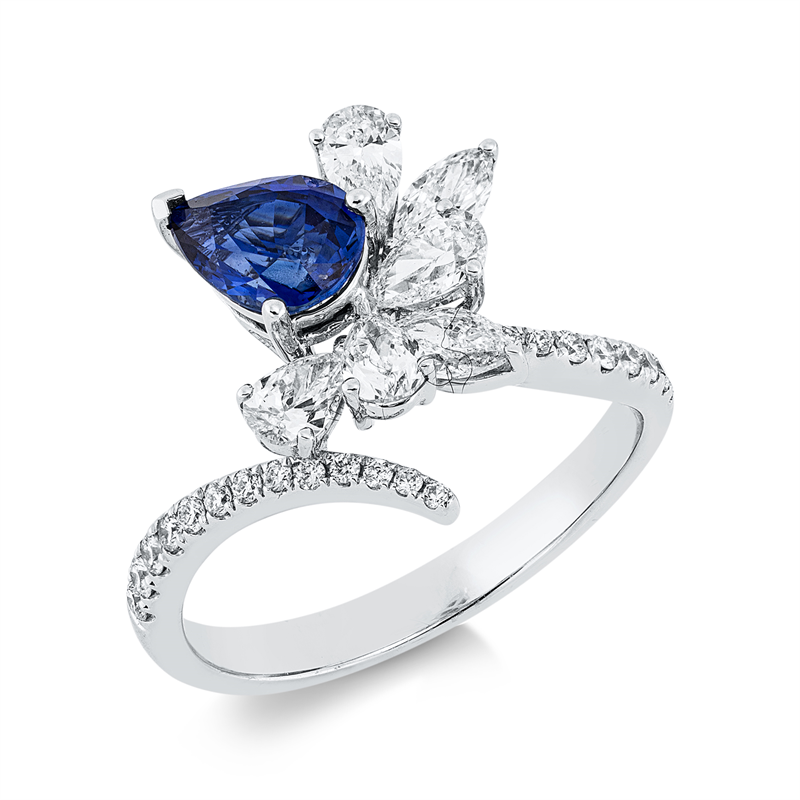 Image Ring 18 kt WG, 4 Tropfen 0,53 ct, TW-si, 2 Navette 0,25 ct, TW-si, 21 Brillanten 0,17 ct, ...