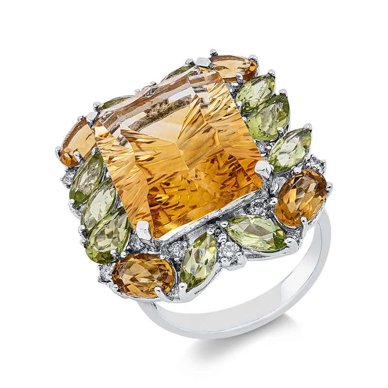Image Ring 18 kt WG, 12 Brillanten 0,25 ct, W-pi, 5 Citrin 13,17 ct gelb, 10 Peridot 3,03 ct ...