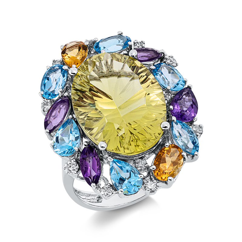 Image Ring 18 kt WG, 12 Brillanten 0,27 ct, W-si/pi, 6 Topase 2,66 ct blau, 4 Amethyste 1,08 ct ...