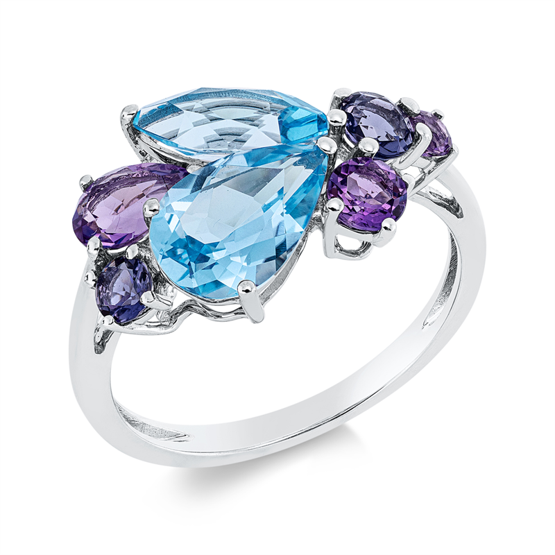 Image 90002232 - Ring 18 kt WG, 3 Amethyste 0,80 ct lila, 2 Topase 2,70 ct blau, 2 Iolith 0,30 ct blau, ...