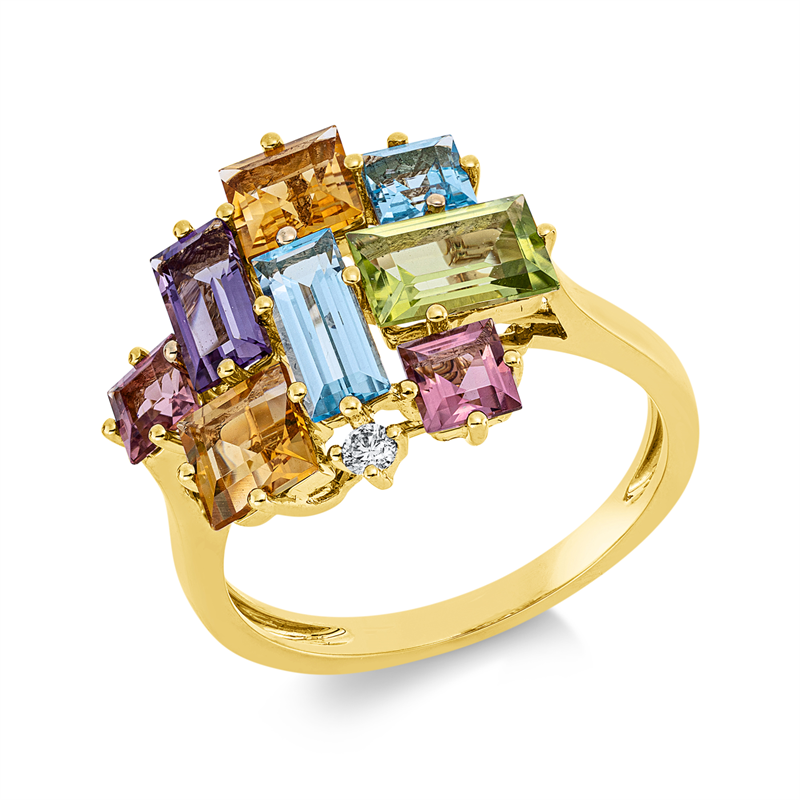 Image 90002236 - Ring 18 kt GG, 1 Brill. 0,04 ct, TW-si, 3 Farbsteine 1,60 ct multicolor, 5 Farbsteine ...