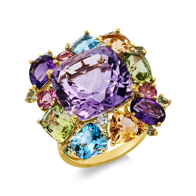 Image 90002241 - Ring 18 kt GG, 3 Brillanten 0,12 ct, TW-si, 1 Amethyst 10,20 ct pink, 17 Farbsteine 7,46 ...