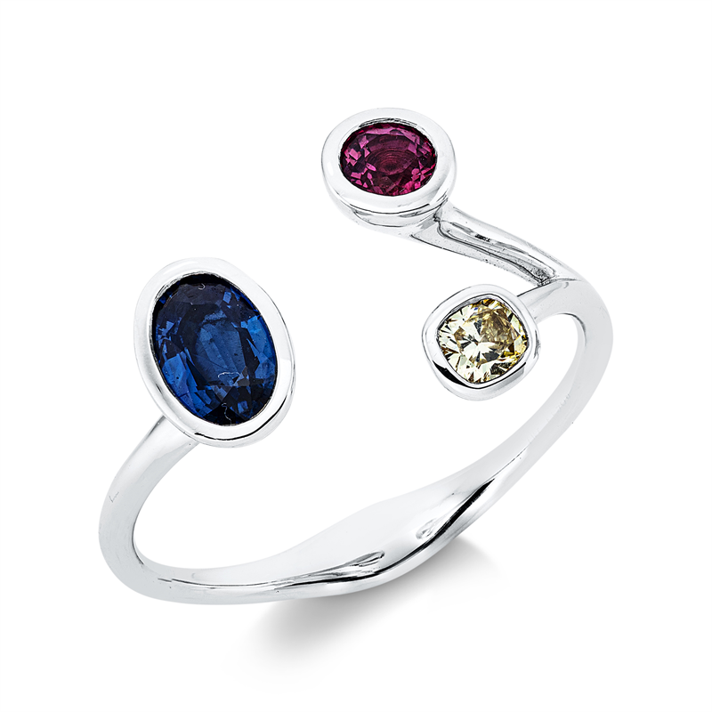 Image 90002245 - Ring 18 kt WG, 1 Cushion 0,12 ct, gelb, 1 Rubin 0,29 ct rot, 1 Saphir 0,53 ct blau, ...