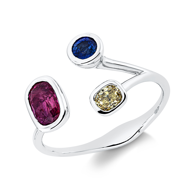 Image 90002246 - Ring 18 kt WG, 1 Brill. 0,18 ct, gelb, 1 Rubin 0,23 ct rot, 1 Saphir 0,84 ct blau, H:22,4 ...