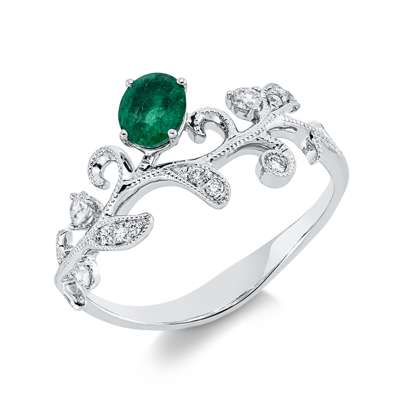 Image 90002247 - Ring 18 kt WG, 5 Brillanten 0,11 ct, TW-si/pi, 7 Brillanten 0,04 ct, TW-si/pi, 1 Smaragd ...