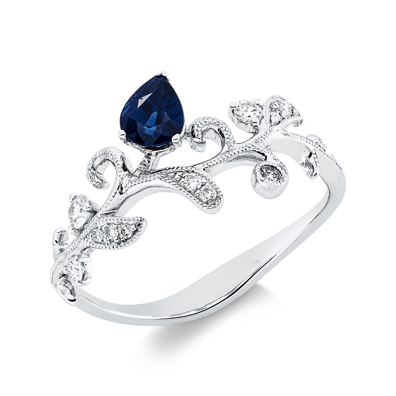 Image 90002253 - Ring 18 kt WG, 5 Brillanten 0,11 ct, TW-si/pi, 7 Brillanten 0,03 ct, TW-si/pi, 1 Saphir ...