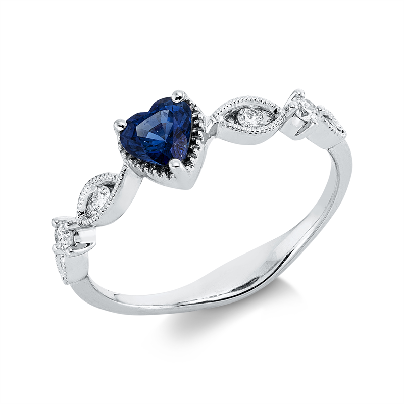 Image 90002254 - Ring 18 kt WG, 6 Brillanten 0,14 ct, TW-si/pi, 1 Saphir 0,47 ct blau, B:5,8 mm, ...