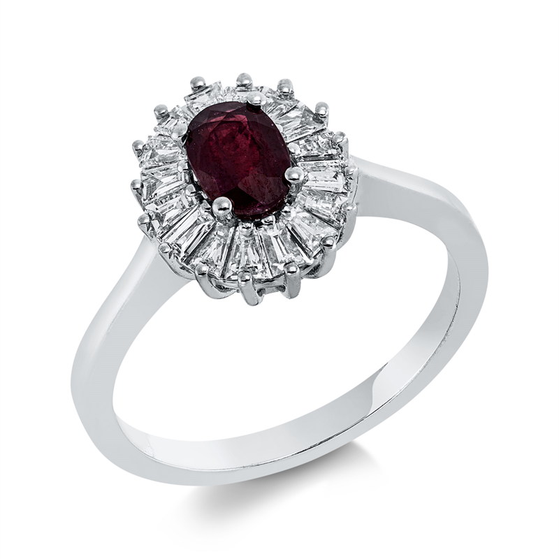 Image 90002258 - Ring 4er-Krappe 18 kt WG, 16 Trapeze 0,44 ct, F-vsi, 1 Rubin 0,62 ct rot, H:9,8 mm, ...
