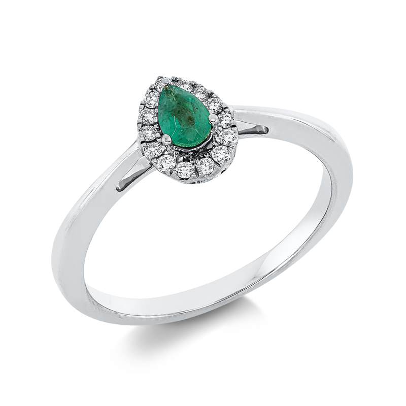 Image 90002368 - Ring 18 kt WG, 14 Brillanten 0,09 ct, TW-si, 1 Smaragd 0,20 ct grün, ...