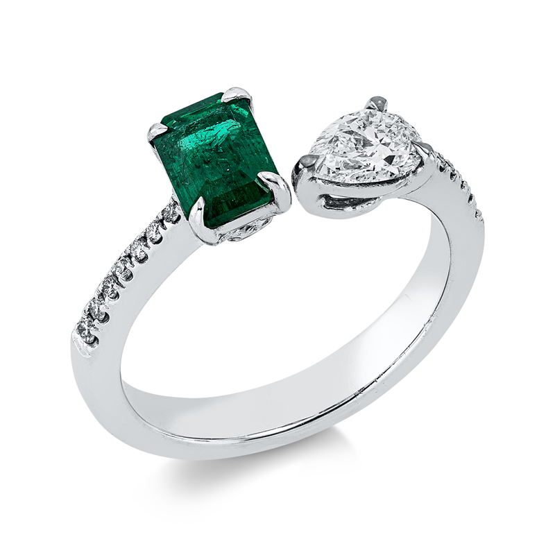 Image 90002394 - Ring 18 kt WG, 1 Tropfen 0,41 ct, TW-vsi, 14 Brillanten 0,08 ct, TW-vsi, 1 Smaragd 0,75 ...