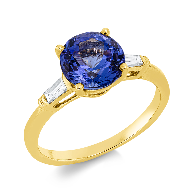 Image 90002398 - Ring 4er-Krappe 18 kt GG, 2 Trapeze 0,10 ct, TW-si, 1 Tansanit 2,39 ct blau, H:15,1 mm, ...