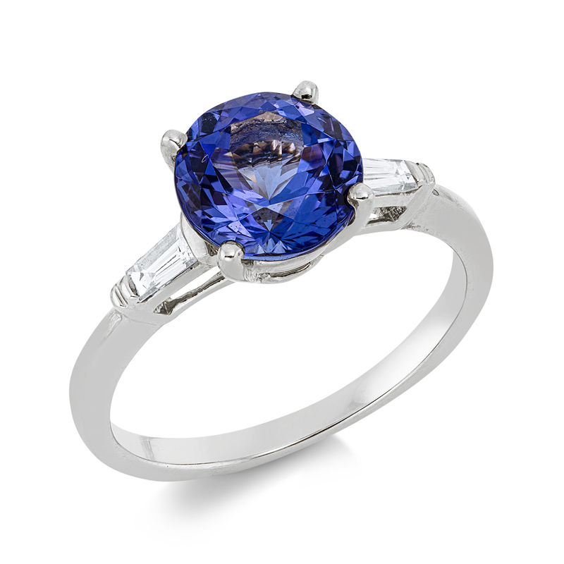Image 90002399 - Ring 4er-Krappe 14 kt WG, 2 Baguette 0,23 ct, TW-si, 1 Tansanit 2,30 ct blau, H:15,1 mm, ...
